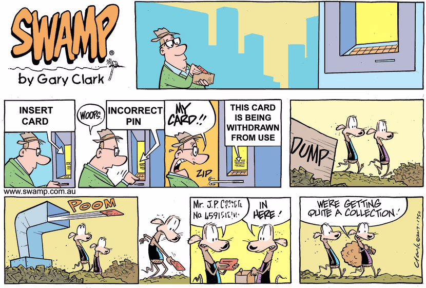 Cheese and Chives Rats are amassing quite a collection of credit cards because people forget their pin number. Swamp Cartoon - Swamp Rats Credit CardsNovember 10, 2024